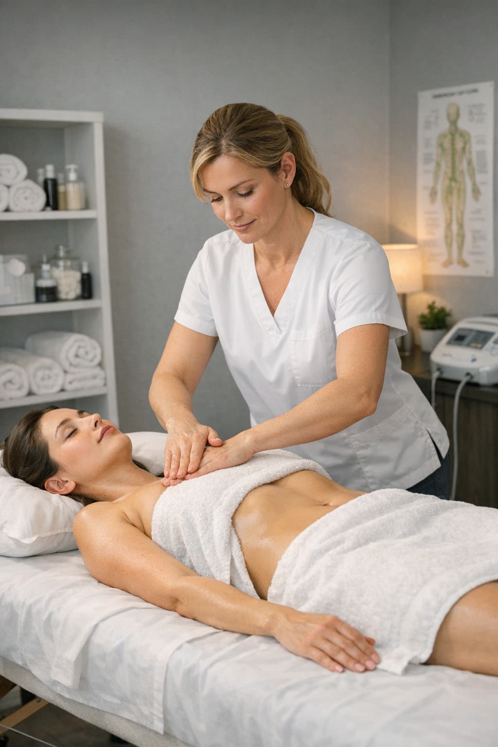 Therapist performing manual lymphatic drainage on a woman in a clinical massage room with grey walls.