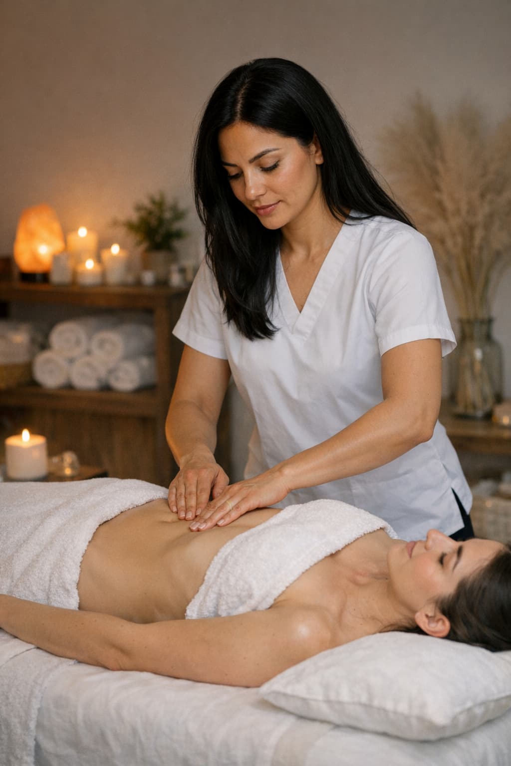 A therapist with dark hair providing manual lymphatic drainage therapy in a serene setting.