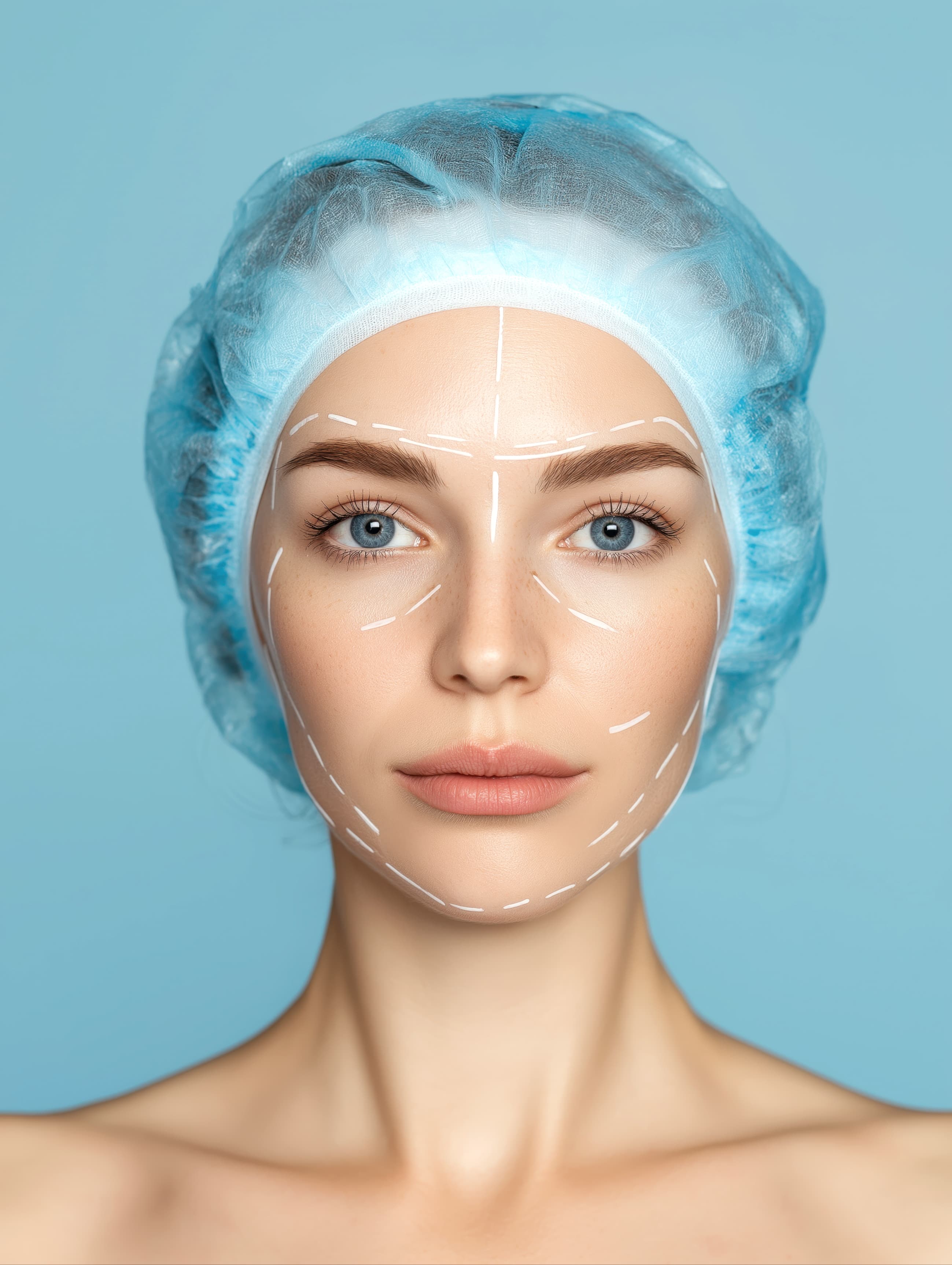 Woman wearing a blue surgical cap with white plastic surgery markings on her face.