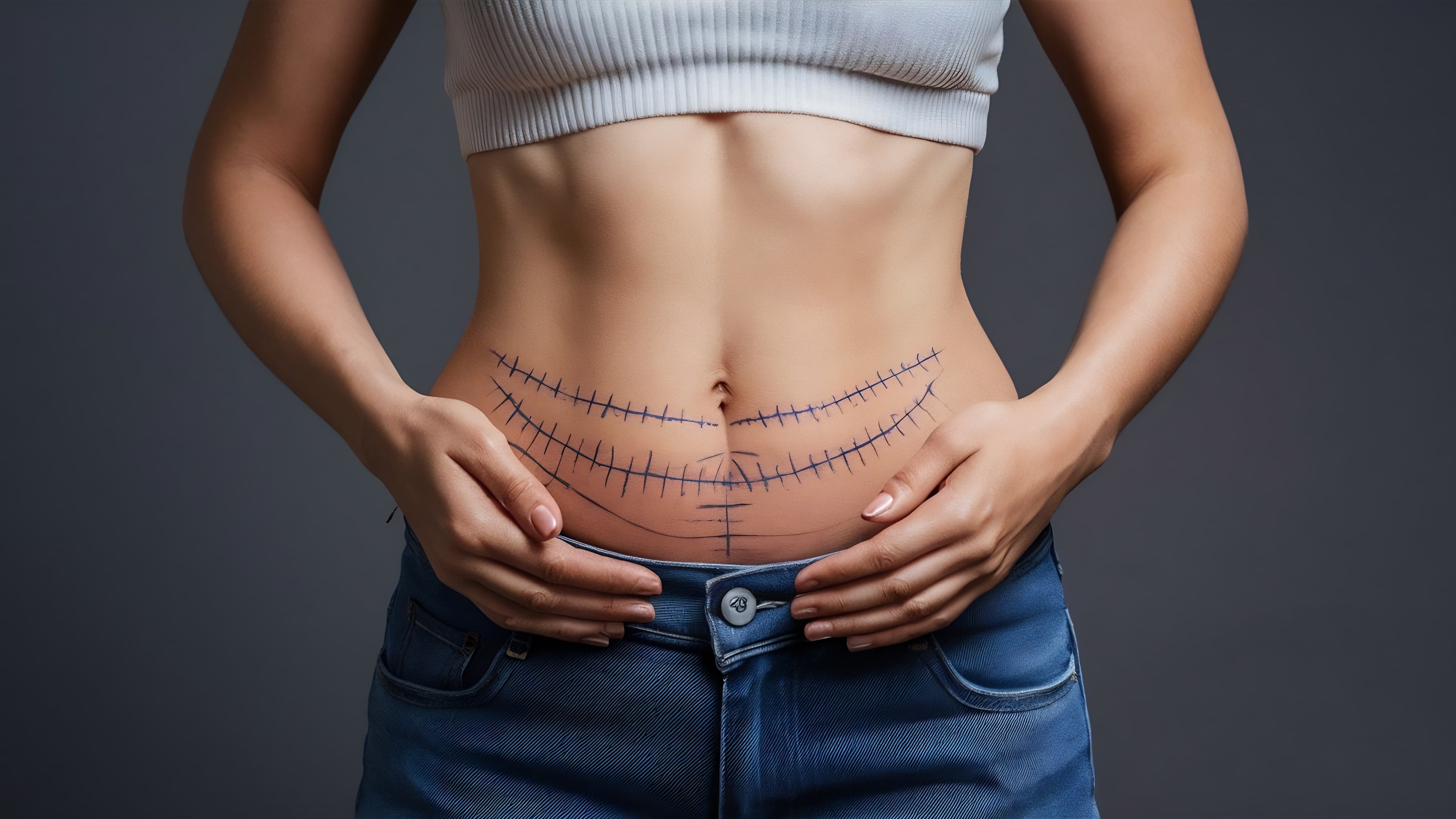 Woman's torso with blue surgical markings on the abdomen, indicating preparation for cosmetic surgery.