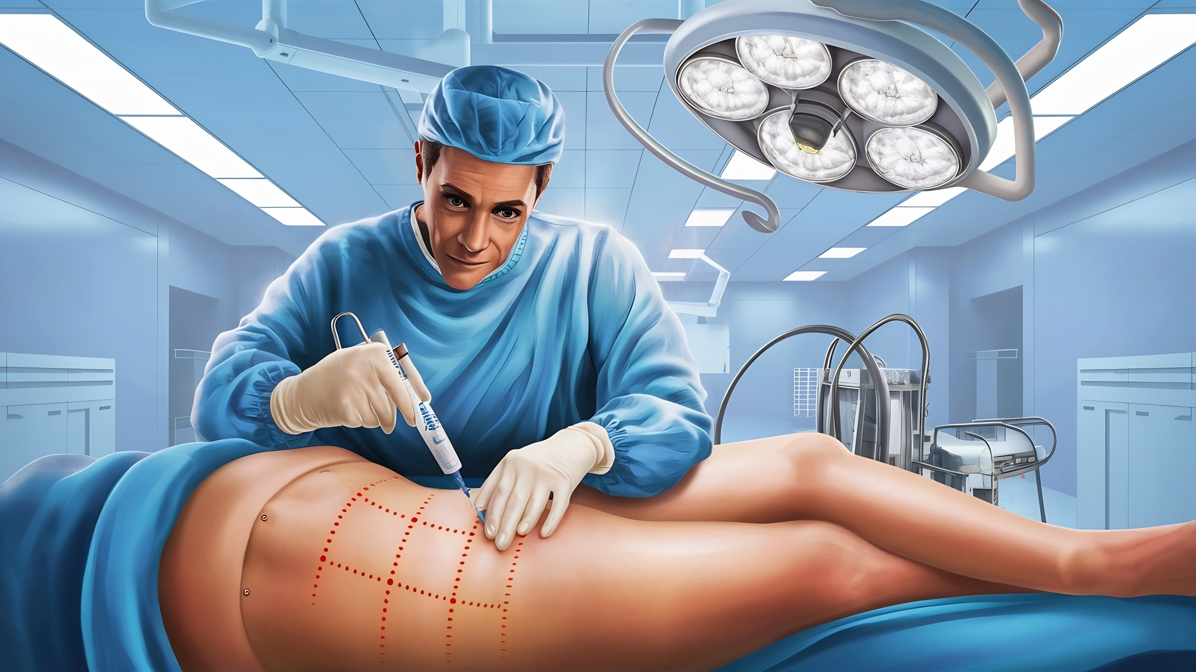 Surgeon in blue scrubs performs a procedure on a patient's leg with red grid markings.